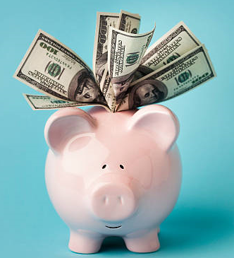 banknotes into the piggy bank